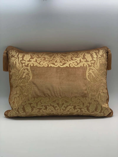 Golden embroidered tasseled cushion set of 2