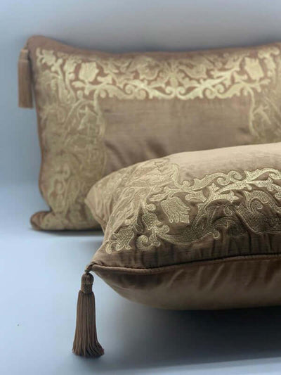 Golden embroidered tasseled cushion set of 2